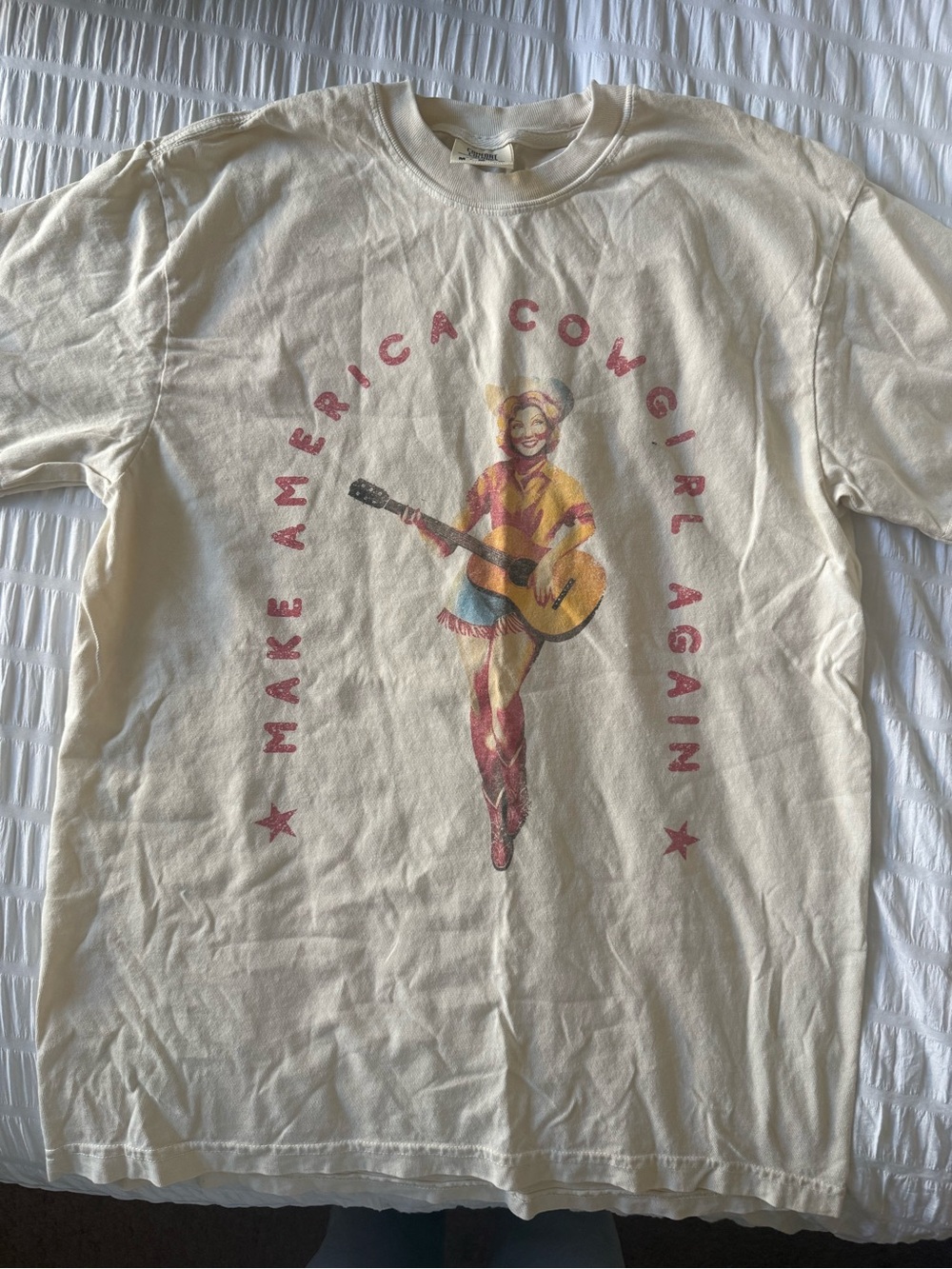 Cream Graphic Tee with Retro Cowgirl Guitar Print